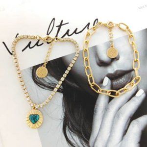 Diamond Gold Bracelet with Turquoise Heart Pendant and Gold Link Bracelet Set 🌟